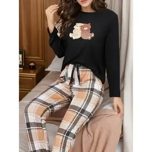 Cartoon Bear Print Pajama Set - Flannel Plaid Sleepwear, Long Sleeve Top & Pants, Women's Soft Loungewear for Cozy Nights Homewear Pjs