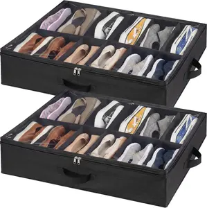 Lifewit Under Bed Shoe Storage Organizer Set – 2 Pack Low Profile Shoe Storage Bags with Clear Cover (Fits 24 Pairs, Black)