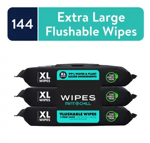 Extra Large Flushable Wipes Cool Mint 3 - 48 Wipe Packs - Toilet Cleaning Products