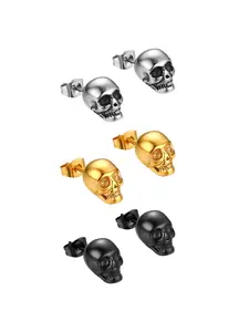 1 Pairs Punk Stainless Steel Stud Skull Earrings, Statement Earrings, Mens Silver Black Rock Ear Piercing Earrings