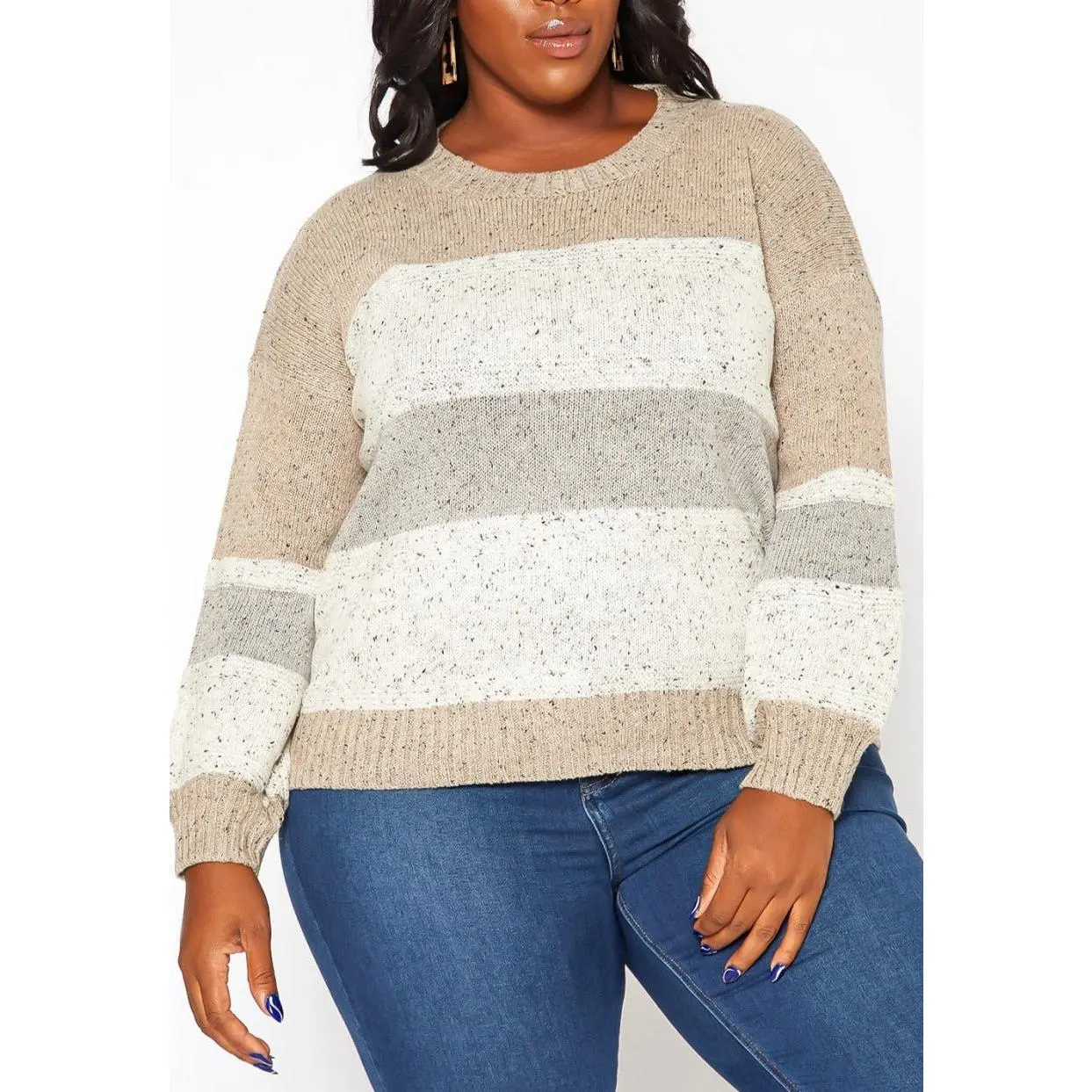 Hi Curvy Plus Size Color Splice Cable Knit Sweater
