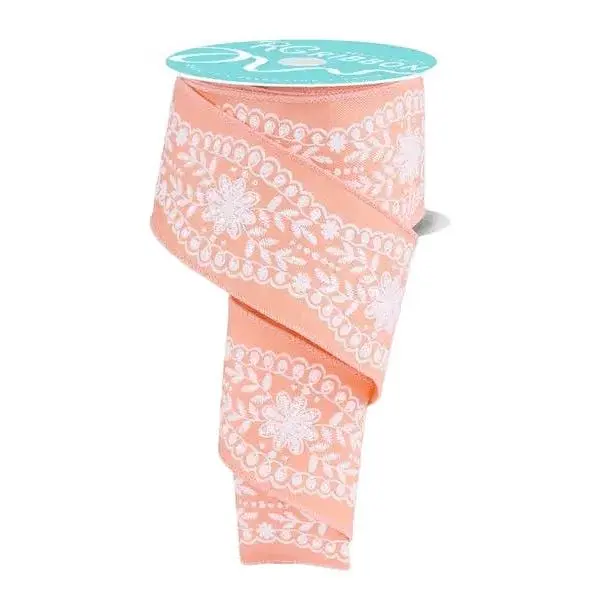 2.5" x 10yd Floral Lace Trim Ribbon – Peach/White