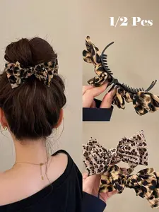 1PC Chic Leopard Print Bow Hair Claw Clip, Elegant Double-Layer Big Bow Hair Clip, Vintage-Inspired Fabric Hair Accessory for High Ponytail and Daily Wear