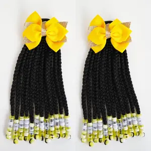 braid hair extension Ponytail Extensions with Beads and Bows Box Braids for Girls-Yellow Synthetic clip Beaded hair extensions