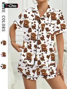 Adorable Highland Cow Print Pajama Set | Western Aesthetic Casual Button Down PJs | Soft 2-Piece Short Sleeve Sleepwear & Loungewear for Women | Spring & Summer Essentials，Cute Cow Print Nightwear Set，Perfect Gift for Cow Lovers, Womenswear