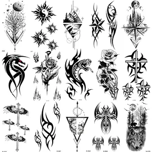 15 Temporary Tattoo Stickers Waterproof Totem Wolf Rose Skull Yin Yang Sun Design, Cool Body Art for Men Women Winter Party Streetwear, Fake Tattoos