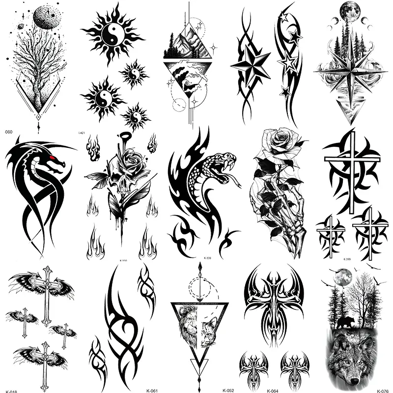 15 Temporary Tattoo Stickers Waterproof Totem Wolf Rose Skull Yin Yang Sun Design, Cool Body Art for Men Women Winter Party Streetwear, Fake Tattoos, Ephemeral Tattoos, Aesthetic Tattoo Merch