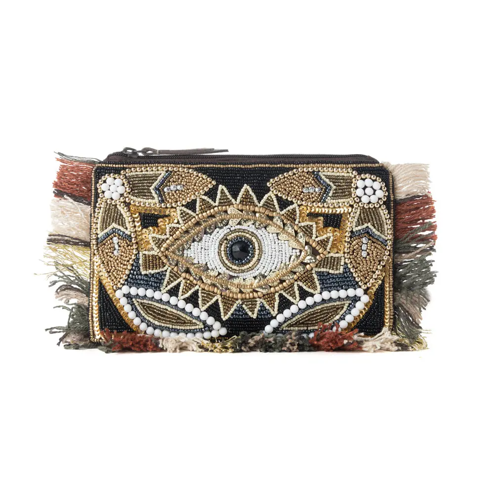 Women's Myra Eye of the Storm Desert Black Elegant Western Embroidery Fringe Clutch & Wristlet - Beads, Black and Gold Embellishments, Zip, Evening Accessory