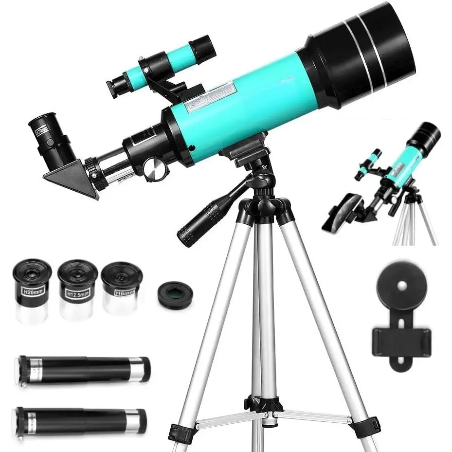 Beginner's Astronomy Refractor Telescope with 70mm Aperture, 20X-200X Magnification, Optics Equipment, Adjustable Tripod, Smartphone Adapter, 3 x 1.25'' Eyepieces, 1.5X Erecting Lens, 3X Barlow, High Clarity for Crisp Images in Outdoor Activities