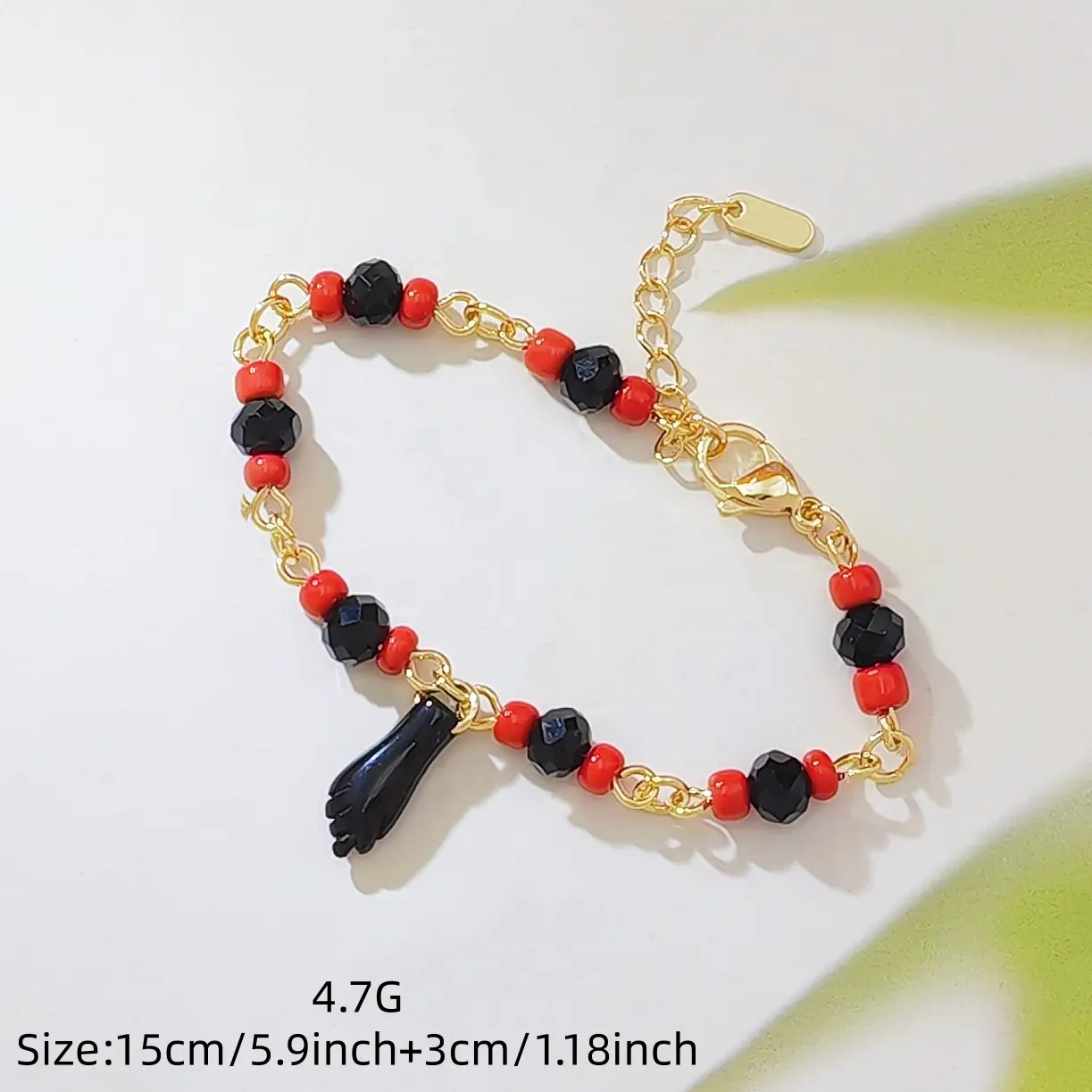 Red & Black Beaded Protection Bracelet with Black Obsidian Hand Charm, 14K Gold Plated Adjustable Chain, Evil Eye Protection Amulet Jewelry for Women, Dainty Stackable Spiritual Bracelet Gift