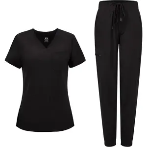 Medical Scrubs for Women Set - Curved V-Neck Scrub Top & Jogger Pants with 8 Pockets