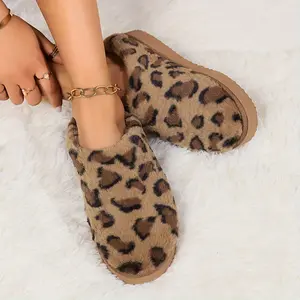 Comfy Fleece Lined Women's Leopard Slippers - Knitted Plush Fabric Anti-Skid Home Shoes for Indoor Outdoor Girl Footwear
