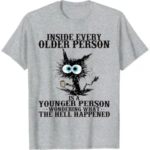 Retro Cat Inside Every Older Person is A Younger Person Meme T-Shirt Relaxed Fit Cotton T-Shirt