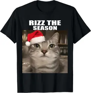 Rizz The Season Funny Christmas Pajamas Cat Meme Brainrot T-Shirt Pure Cotton Graphic Tees Menswear Top: Gifts for Men & Women
