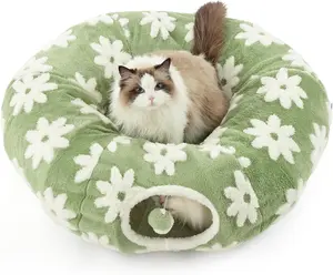 Lesure Cat Tunnel Bed for Indoor Cats - Soft&Cozy Cute Cat Donut Tunnel with Washable Circle Cushion, Round Pet Play Tunnel Toy for Kitten/Puppy/Rabbit, Peekaboo Cave Toy, Cool Cat Stuff