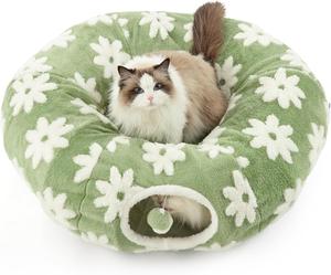 Lesure Cat Tunnel Bed for Indoor Cats - Soft&Cozy Cute Cat Donut Tunnel with Washable Circle Cushion, Round Pet Play Tunnel Toy for Kitten/Puppy/Rabbit, Peekaboo Cave Toy, Cool Cat Stuff