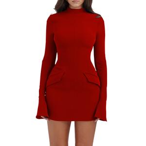 OYS Women's Long Sleeve Mock Turtle Neck Bodycon Mini Tank Short Party Dress with Decorative Pockets & Zipper Back