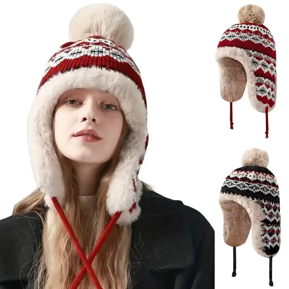 Women's Winter Warm Polyester Beanie with Ear Flaps - Elastic Soft Plush Lining, Geometric Casual Design, Black/Red - Female Active Lifestyle Gear for Snowboarding, Christmas Outdoor Use, Warmth