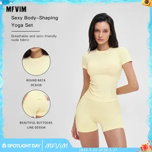 Women's Solid Color Round Neck Sports T-Shirt & High Waist Shorts Tracksuit Set, Long Sleeve Tight-Fitting Top & Skinny Shorts, Summer Outfit 2025, Ladies Sportswear for Indoor and Outdoor Wear