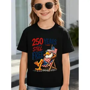 250 Years Still Free Cartoon Funny Eagle 250th Anniversary Graphic, Kids Boys Girls Early Elementary Birthday Party Everyday Play Clothes, Soft Cotton, Made In USA, For Youth & Adult