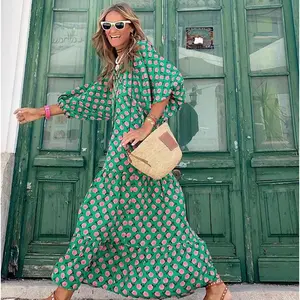 Women's Plus-Size Collared Autumn Geometric Print Puff-Sleeve Casual Dress - Chic Fashion Lady Casual Chic Outfit, Oversize Matching Accessories Included