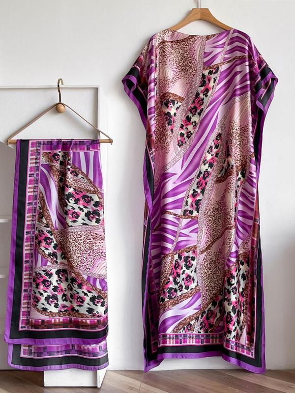 Women's Leopard Print Long Sleeve Kimono & Bandana Set, Casual Open Front Outerwear & Square Scarf Set for Beach Vacation Swimwear Cover Up, Ladies Clothes Accessories for All Seasons