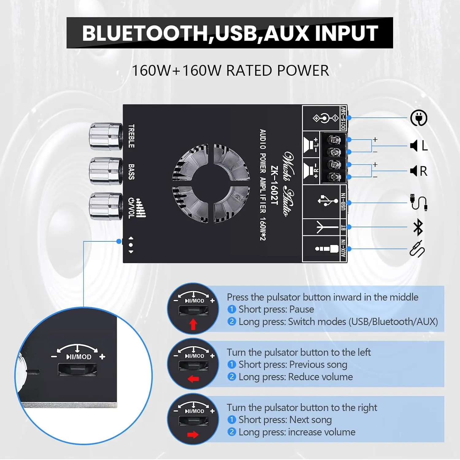 Audio Amplifier Board, ZK-1602T Bluetooth 5.0 Power Amp for Home