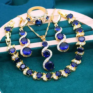 Elagant Blue 5pcs Jewelry Set - Includes Bracelet Earrings Ring Pendant Necklace - Vintage Style Synthetic Cubic Synthetic Zirconia - 18K Golden Plated - Perfect for Women'S Weddings Valentine'S Day Mother'S Day Christmas Gifts