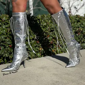 BEXIE-3/2024 Silver Faux Leather Boot Knee High Boot with Tassel Zipper Detail