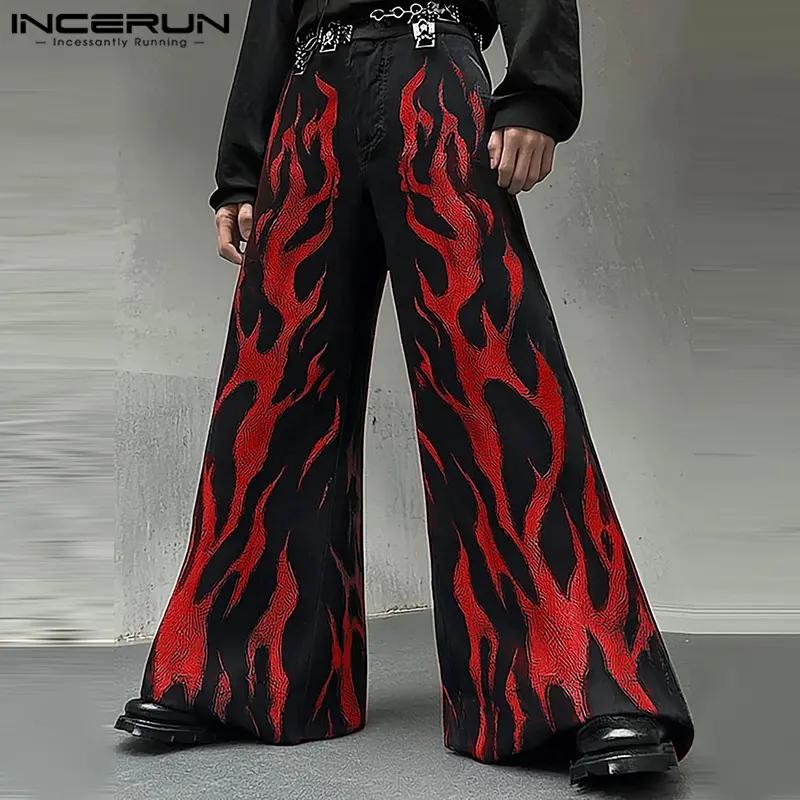 INCERUN Men's Casual Graffiti Print Wide-Leg Streetwear Pants in Woven Polyester for Leisure Wear, Fabric, Streetwear Clothing