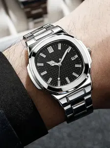 Men's Business Quartz Analog Watch with Steel Stainless Steel Strap, Stainless Steel Band, Calendar Function, Square Face, Square Dial, Rivet Decor, Rivet Decoration, Daily Wear, Party Gift, Quartz Analog Wristwatch