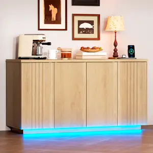 Vlsrka 63-Inch Modern Sideboard with Charging Station with LED Lights with Adjustable Shelves – Suitable for Kitchen, Dining Room, or Living Room