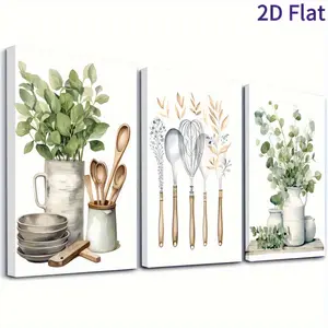 2D modern style 3-piece framed art set, featuring kitchen plants and tableware, with a Halloween theme, showcasing an abstract orange farmhouse style. This large wall art can be used as whimsical room decor and is also an excellent gift