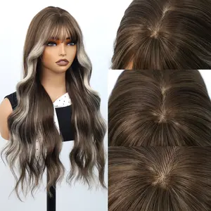 Dark Brown with Blonde Skunk Stripe Front Long Water Wave Wig with Bangs No Lace Wig Gluelss Chestnut Brown with Ash Blonde Money Piece Highlights Wig Heat Resistant Fiber Hair Chunky Highlights Long Wavy Wig for E-girls Beginner Friendly Hair
