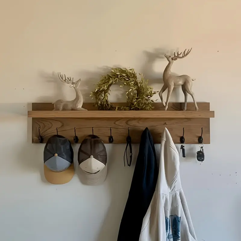 Vintage Wall-Mounted Wooden Coat Rack with Shelf, Hooks & Plain Decorative Items - Recycled Entry Storage Space Saver Organizer for Keys, Towels, Clothes - Rustic Home Decor for Entryway, Living Room