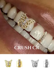 CRUSH CR Genderless Butterfly Rhinestone Bar Tooth Cap Grillz Set, 18K Gold Plated Hollow Open-Work Butterfly CZ Bar Mix Design, Hypoallergenic and Removable, Perfect for Street Style, Raves, Music Festivals Gender-Neutral Fashion