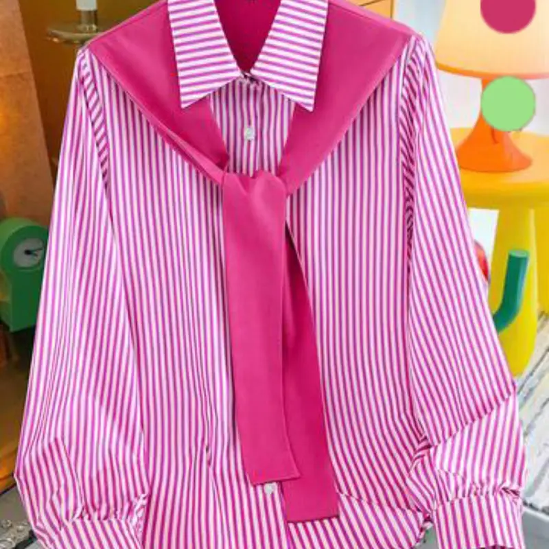 Women's Striped Print Tie Front Shirt Blouse, Casual Fashion Collared Long Sleeve Top for Spring & Fall, Women's Clothing for Daily Wear