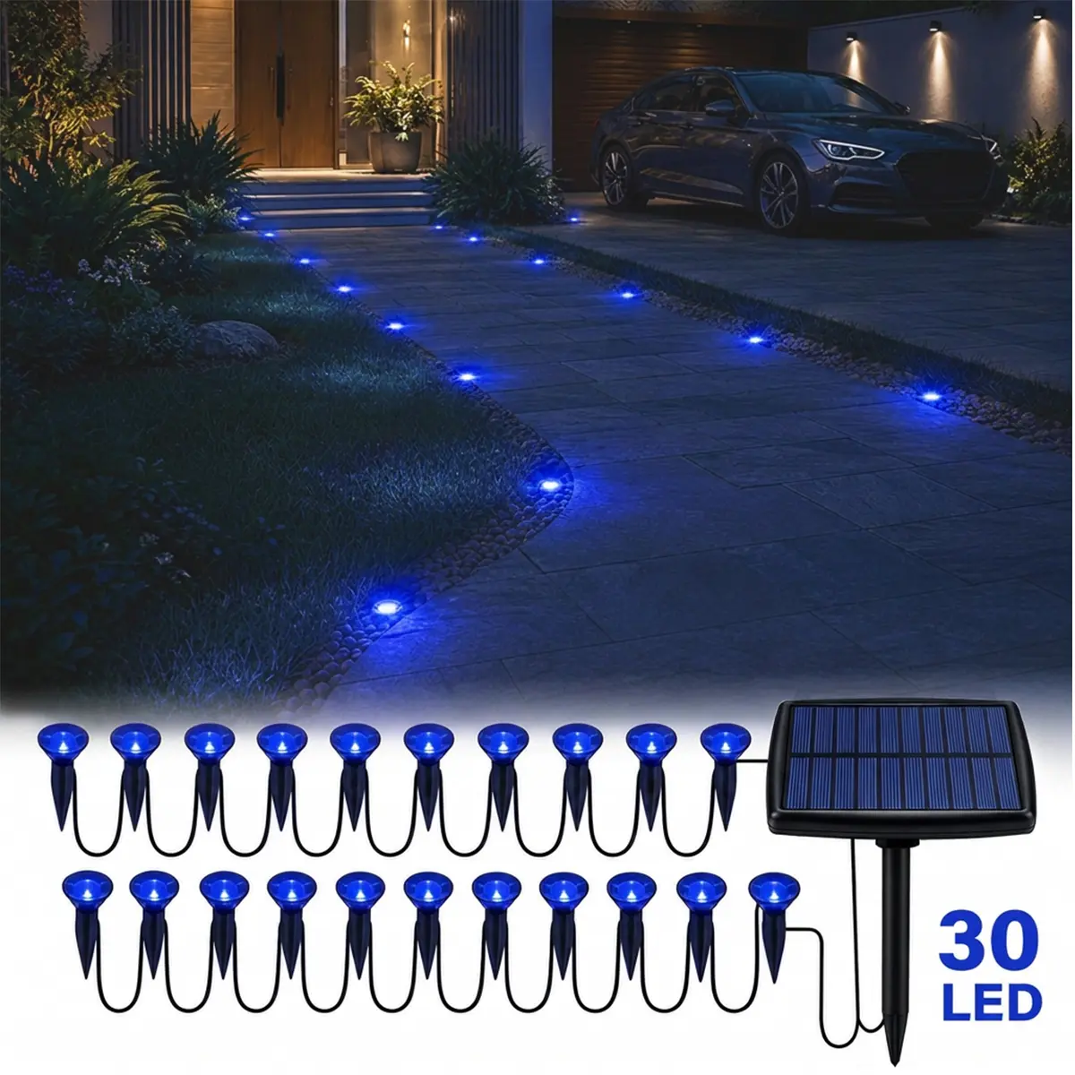 Blue Solar Ground Lights 30 Pack, IP65 Waterproof 8 Modes Auto On Off Outdoor LED Solar Landscape Lights for Garden Lawn Patio Decor