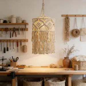 Boho Style Bohemian Aesthetic Hanging Pendant Light Shade, Handmade Macrame Handwoven Craftsmanship Decorative Lamp Cover, Tassel Design Fringe Decor, Not Includes Bulb, Home Decoration