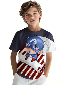 Boys' Round Neck Short Sleeve T-Shirt sports leisure Captain America Cartoon Character Design 3D printing spring and summer outdoor play children's clothing casual