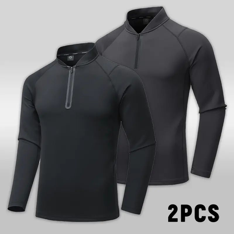 Male 2Pcs/Set Sports Casual Slim-Fitting Mock Neck Half Placket Pullover Tops - Sweat-Absorbing Plain Base Shirts with Chain, Fleece Straight-Leg Sweatpants, Waterproof Winter Everyday Wear Jacket
