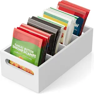 Pantry Organization and Storage Bins, Seasoning Packet Organizer with Removable Dividers,Wooden Storage  for Kitchen, Pantry, Cabinet, Countertop, White