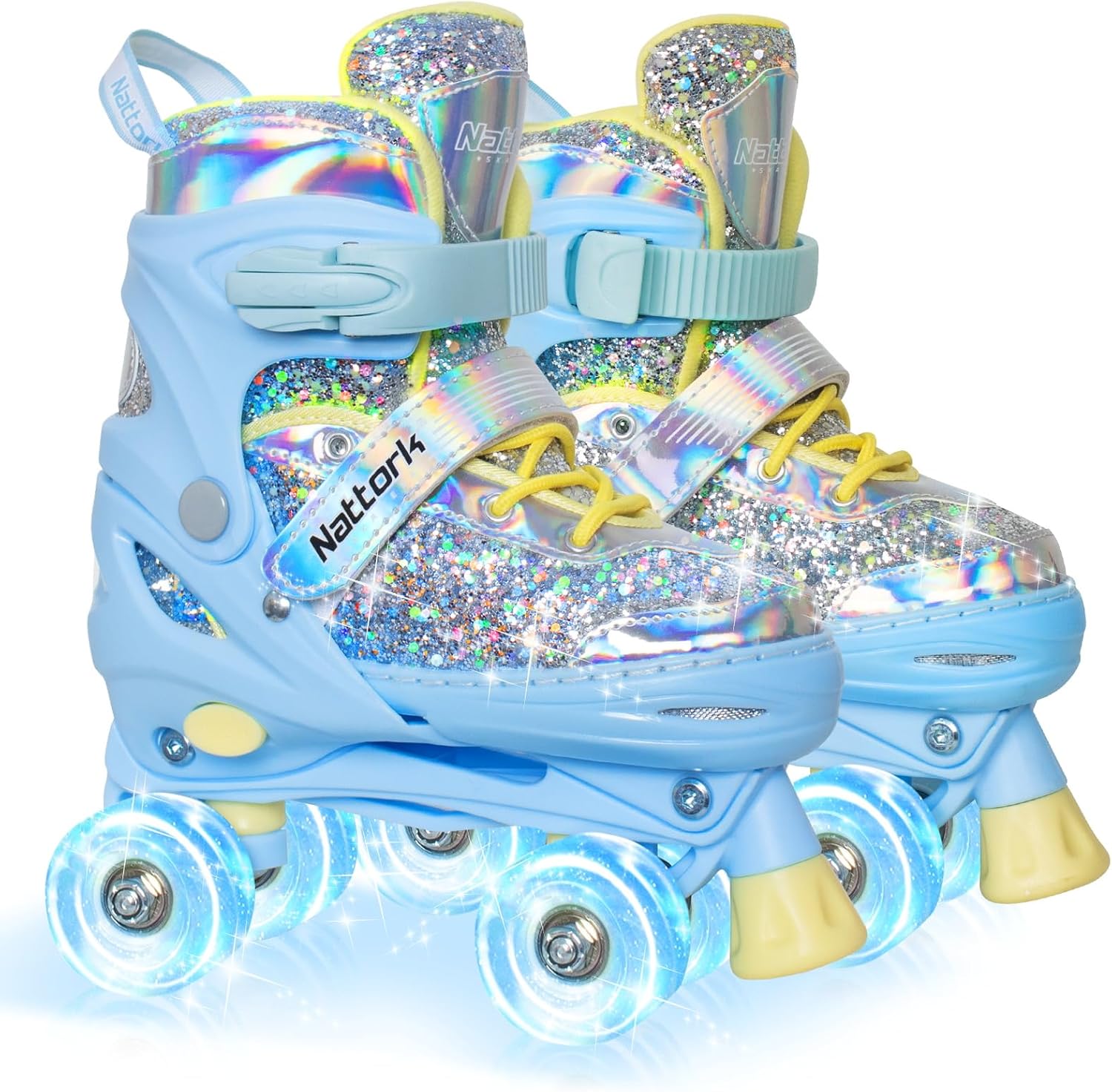 Nattork Kids' Adjustable Roller Skates for Girls (Ages 3-12, 4 Sizes), Light-Up Flashing Wheels, Triple Safety Protection with Secure Closure, Beginner Casual Skating Gear, Indoor/Outdoor Birthday Holiday Gift