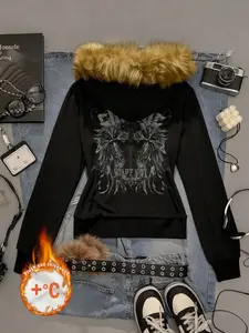 Women's Casual Vintage Hooded Jacket with Fur Collar, Fall & Winter Fashion, Y2K Style, Graphic Cross Print Pattern, Long Sleeve Fitted Coat, Fitted Casual Outerwear