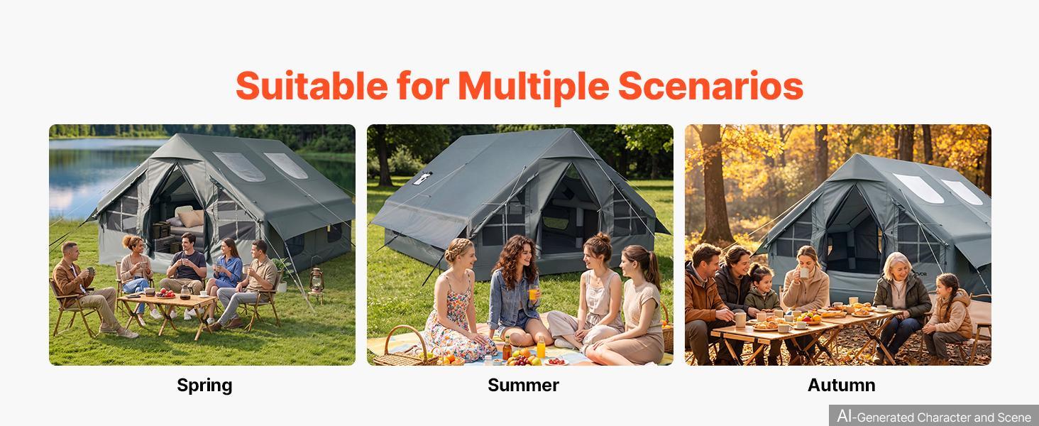 【BackToSchool】VEVOR Inflatable Tent for Camping 5-8 Person Blow Up Tent with Hand Pump, for Family Outdoor Glamping, Waterproof 420D Oxford, Easy Setup Air House with Skylight, Stove Jack, Mesh Windows & Carry Bag