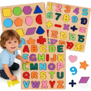 Wooden Puzzles for Toddlers,3 Pcs Alphabet Puzzle ABC Shape Number Puzzle(Alphabet, Number & Shape), Learning Toys for Kids, Preschool Educational Activities Toddler Gift Toys for Girls Boys Christmas Valentines Easter