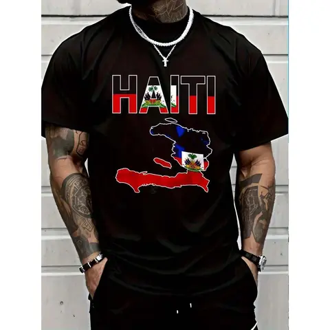 100% Cotton Happy Haitian Flag Day Cool Haiti Flag Map Haitian Pride T-Shirt Short Sleeve T-Shirt Women's Men's Graphic Tee Causal Tops Women's Men Graphic Tee