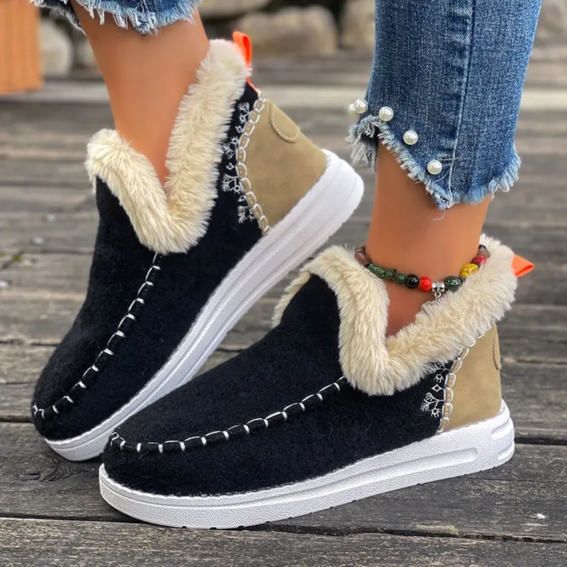 Women's Fashion Booties - Slip-On, Faux Fur Lined, Waterproof, Ankle Height, Rubber Soft Sole, Anti-Slip Low Wedge, Casual Round Toe, Warm Outdoor Fall Winter Rainy Day Shoes, Black