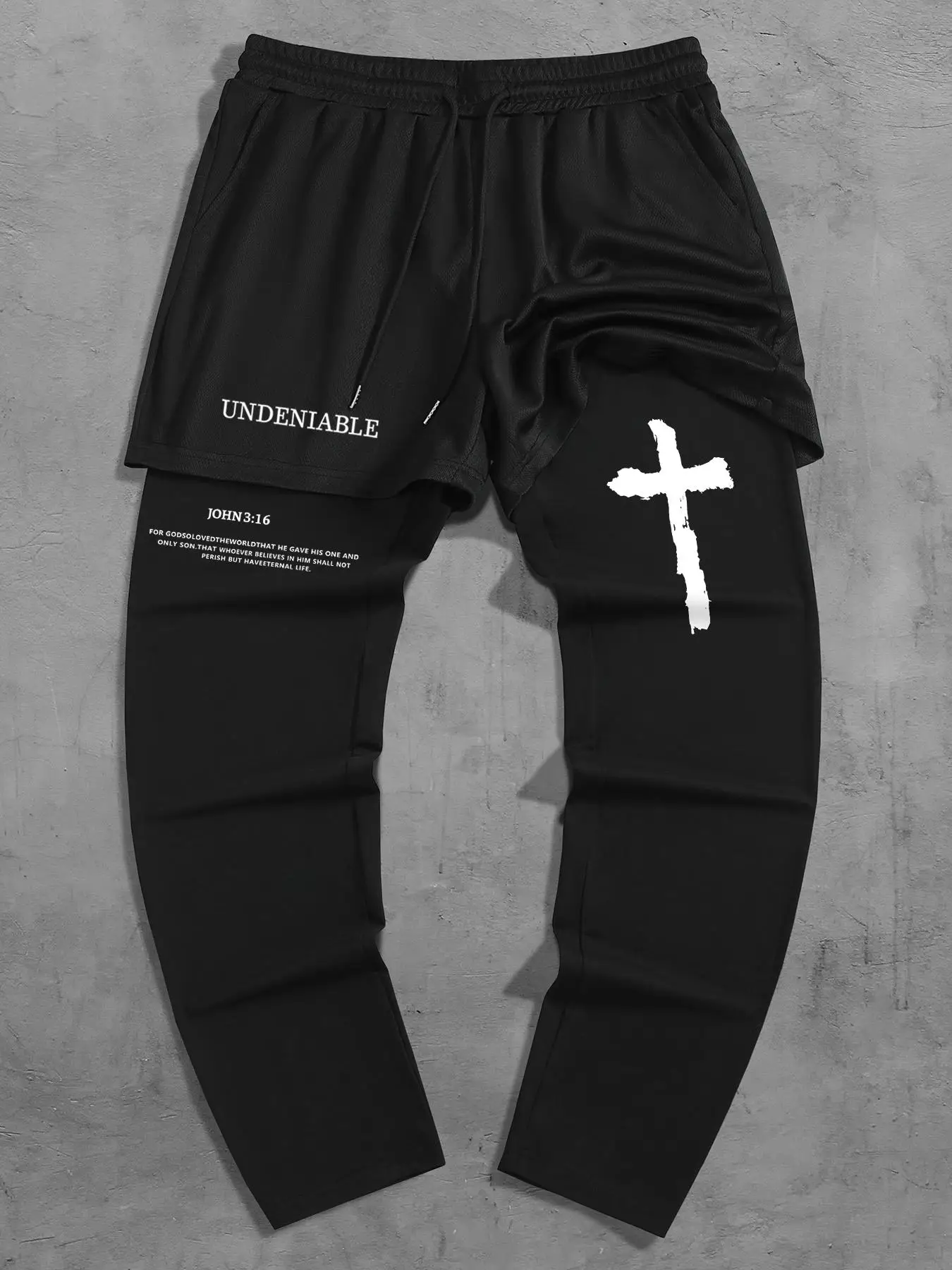 Men's 2 in 1 Letter & Cross Print Drawstring Waist Sweatpants, Casual Street Regular Fit Pocket Jogger Pants for Fall & Winter, Men's Trousers for Dai