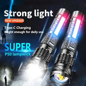 Two Portable Flashlights, Strong Light, Long Battery Life, USB Charging, 1200mAh, with Red and Blue Light Warning Lights, Multiple Light Modes, Suitable for Home, Camping, Fishing, and Other Scenarios